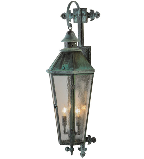 Meyda Lighting Millesime 11" 3-Light Craftsman Verdi On Brass Lantern Wall Sconce With Clear Seeded Shade Glass
