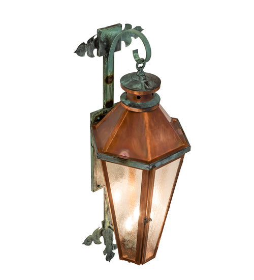 Meyda Lighting Millesime 14" 3-Light Antique Copper & Verdigris Lantern Wall Sconce With Clear Seeded Shade Glass