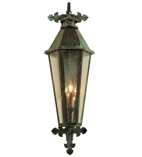 Meyda Lighting Millesime 14" 3-Light Craftsman Verde On Brass Lantern Wall Sconce With Clear Seeded Shade Glass