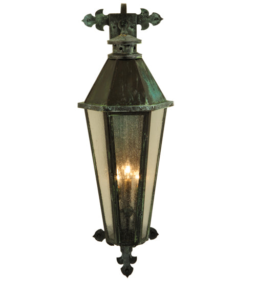 Meyda Lighting Millesime 14" 3-Light Craftsman Verde On Brass Lantern Wall Sconce With Clear Seeded Shade Glass