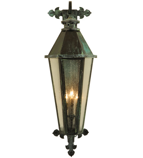 Meyda Lighting Millesime 14" 3-Light Craftsman Verde On Brass Lantern Wall Sconce With Clear Seeded Shade Glass