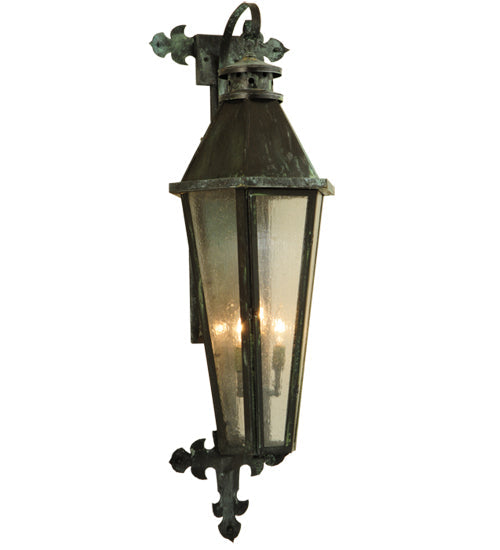 Meyda Lighting Millesime 14" 3-Light Craftsman Verde On Brass Lantern Wall Sconce With Clear Seeded Shade Glass