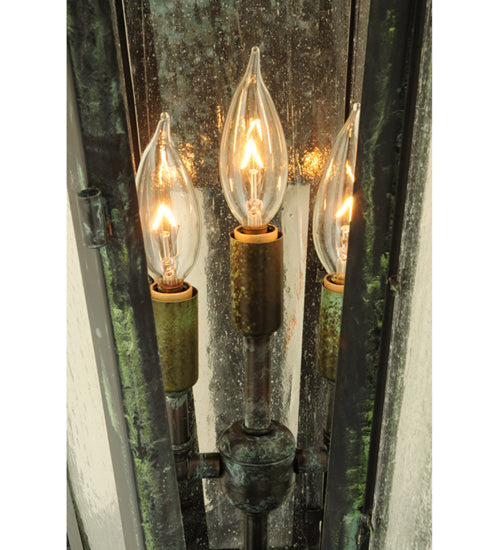 Meyda Lighting Millesime 14" 3-Light Craftsman Verde On Brass Lantern Wall Sconce With Clear Seeded Shade Glass
