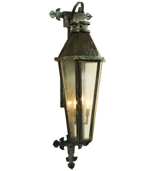 Meyda Lighting Millesime 14" 3-Light Craftsman Verde On Brass Lantern Wall Sconce With Clear Seeded Shade Glass