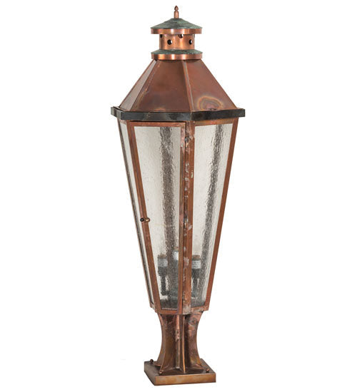 Meyda Lighting Millesime 14" 3-Light Vintage Copper And Craftsman Verdigris Outdoor Pier Mount Light With Clear Seeded Shade Glass
