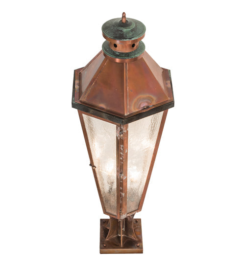 Meyda Lighting Millesime 14" 3-Light Vintage Copper And Craftsman Verdigris Outdoor Pier Mount Light With Clear Seeded Shade Glass