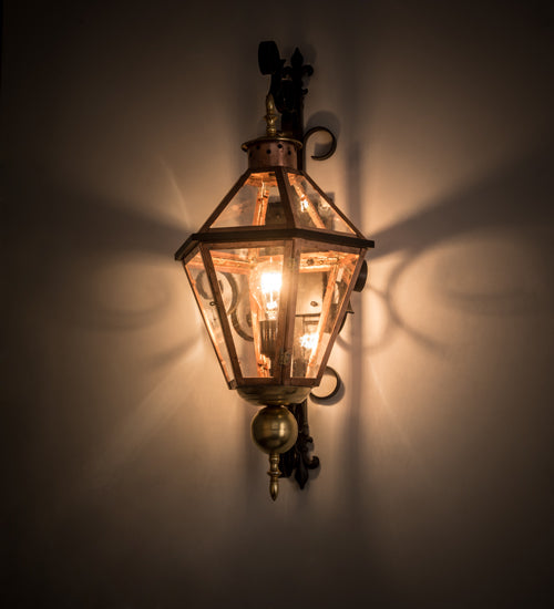 Meyda Lighting Millesime 14" Raw Copper & Brass And Timeless Bronze Lantern Wall Sconce With Clear Shade Glass