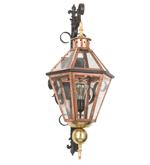 Meyda Lighting Millesime 14" Raw Copper & Brass And Timeless Bronze Lantern Wall Sconce With Clear Shade Glass