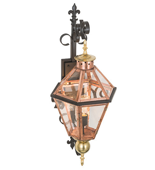 Meyda Lighting Millesime 14" Raw Copper & Brass And Timeless Bronze Lantern Wall Sconce With Clear Shade Glass
