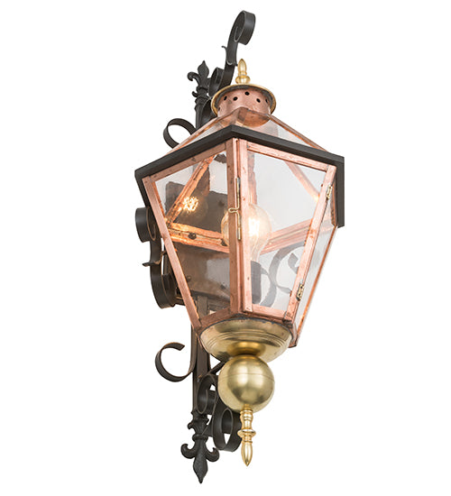 Meyda Lighting Millesime 14" Raw Copper & Brass And Timeless Bronze Lantern Wall Sconce With Clear Shade Glass