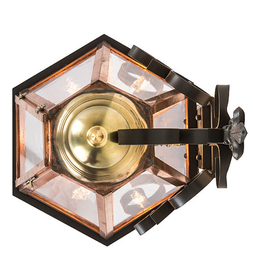 Meyda Lighting Millesime 14" Raw Copper & Brass And Timeless Bronze Lantern Wall Sconce With Clear Shade Glass