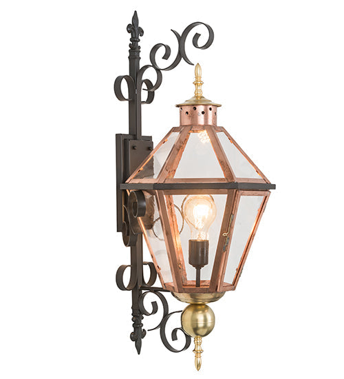 Meyda Lighting Millesime 14" Raw Copper & Brass And Timeless Bronze Lantern Wall Sconce With Clear Shade Glass