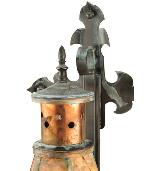 Meyda Lighting Millesime 14" Raw Copper and Verdi Brass Lantern Wall Sconce With Clear Seeded Shade Glass