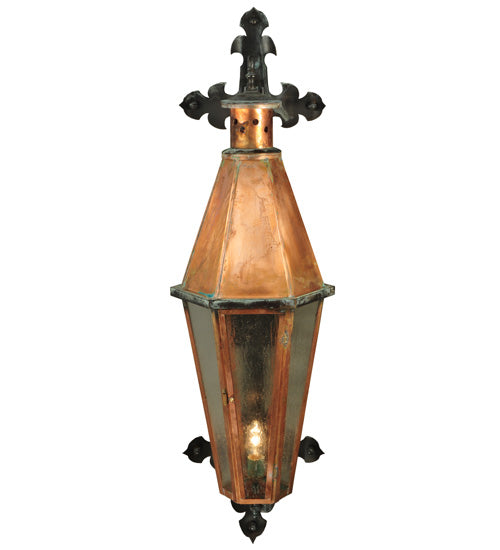 Meyda Lighting Millesime 14" Raw Copper and Verdi Brass Lantern Wall Sconce With Clear Seeded Shade Glass