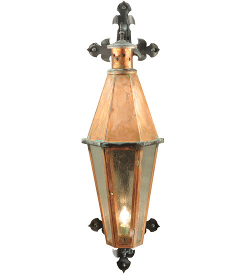 Meyda Lighting Millesime 14" Raw Copper and Verdi Brass Lantern Wall Sconce With Clear Seeded Shade Glass