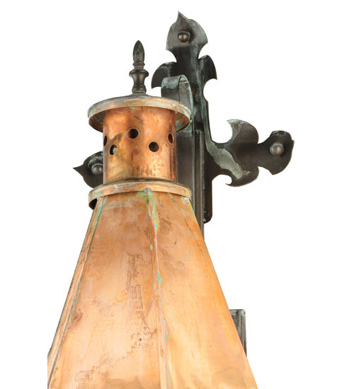 Meyda Lighting Millesime 14" Raw Copper and Verdi Brass Lantern Wall Sconce With Clear Seeded Shade Glass