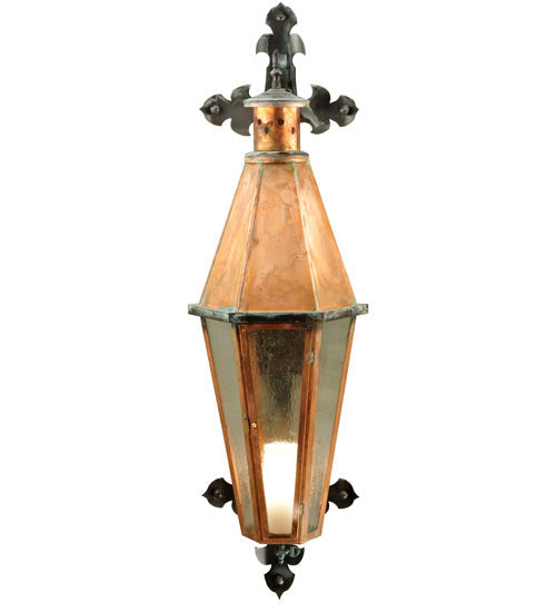 Meyda Lighting Millesime 14" Raw Copper and Verdi Brass Lantern Wall Sconce With Clear Seeded Shade Glass