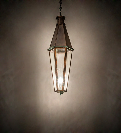 Meyda Lighting Millesime 14" Vintage Copper And Craftsman Verdi Lantern Pendant Light With Clear Seeded Shade Glass