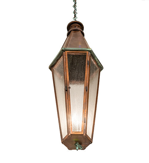 Meyda Lighting Millesime 14" Vintage Copper And Craftsman Verdi Lantern Pendant Light With Clear Seeded Shade Glass