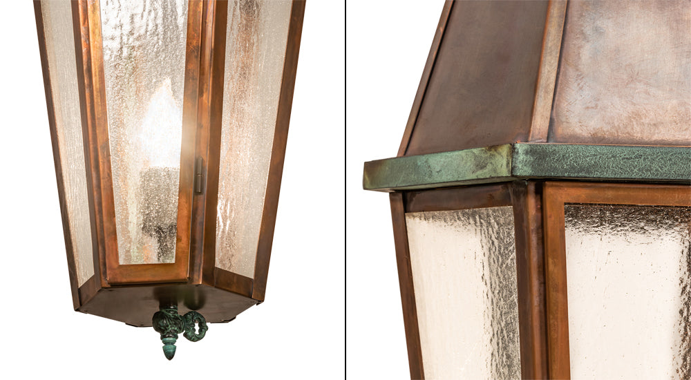 Meyda Lighting Millesime 14" Vintage Copper And Craftsman Verdi Lantern Pendant Light With Clear Seeded Shade Glass