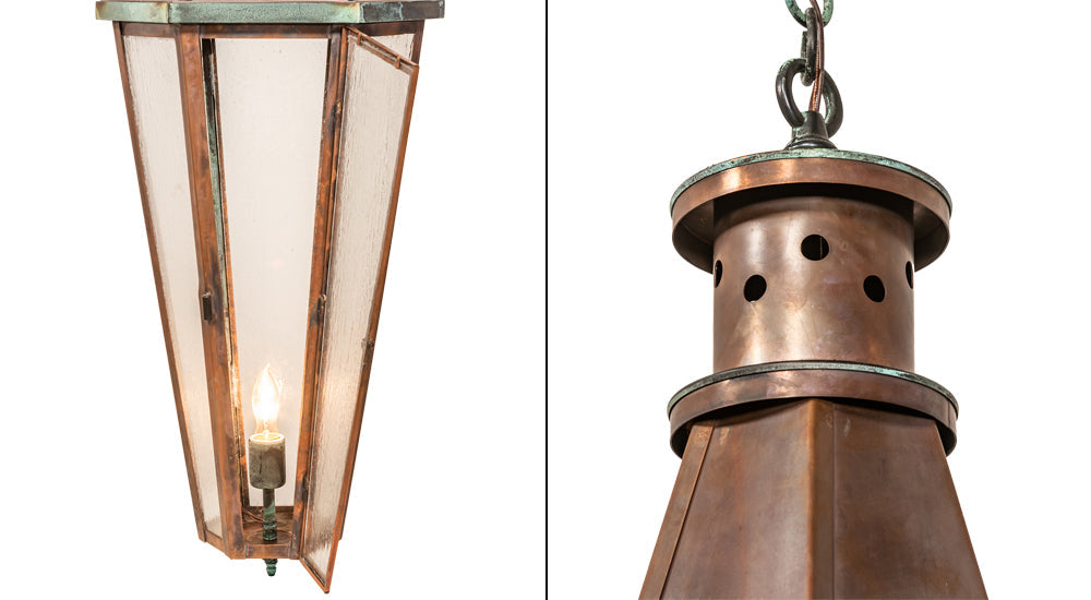 Meyda Lighting Millesime 14" Vintage Copper And Craftsman Verdi Lantern Pendant Light With Clear Seeded Shade Glass