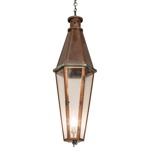 Meyda Lighting Millesime 14" Vintage Copper And Craftsman Verdi Lantern Pendant Light With Clear Seeded Shade Glass