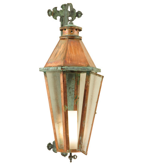 Meyda Lighting Millesime 14" Vintage Copper and Verdigris Brass Lantern Wall Sconce With Clear Seeded Shade Glass
