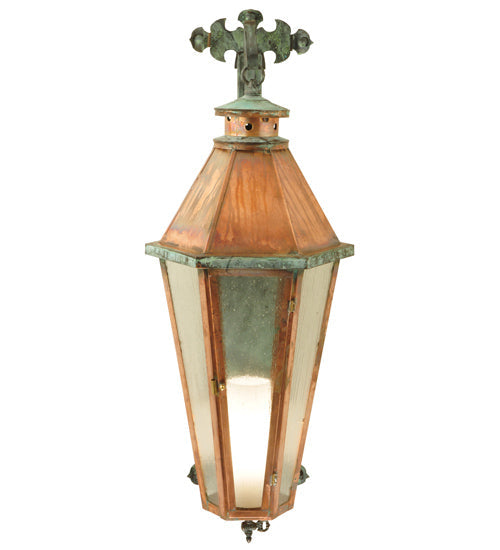 Meyda Lighting Millesime 14" Vintage Copper and Verdigris Brass Lantern Wall Sconce With Clear Seeded Shade Glass