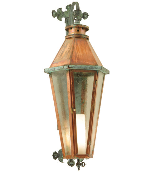Meyda Lighting Millesime 14" Vintage Copper and Verdigris Brass Lantern Wall Sconce With Clear Seeded Shade Glass