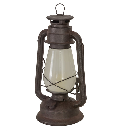 Meyda Lighting Miners Lantern 12" Distressed Rust Lantern Table Lamp With Clear Frosted Shade Glass