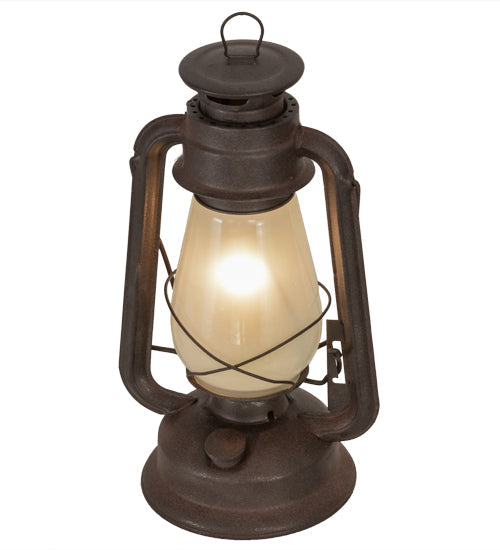 Meyda Lighting Miners Lantern 12" Distressed Rust Lantern Table Lamp With Clear Frosted Shade Glass