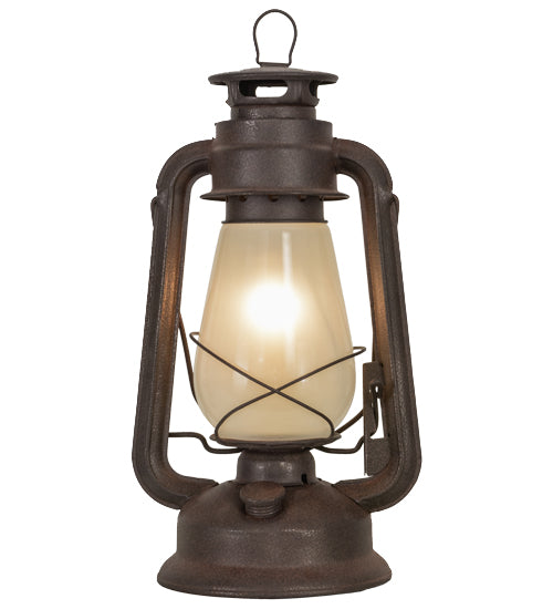 Meyda Lighting Miners Lantern 12" Distressed Rust Lantern Table Lamp With Clear Frosted Shade Glass