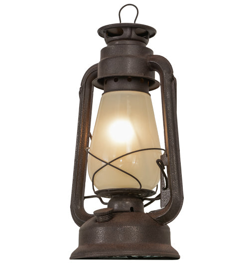 Meyda Lighting Miners Lantern 12" Distressed Rust Lantern Table Lamp With Clear Frosted Shade Glass