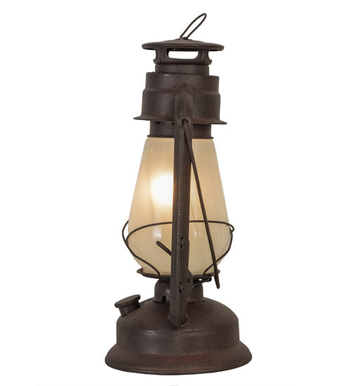 Meyda Lighting Miners Lantern 12" Distressed Rust Lantern Table Lamp With Clear Frosted Shade Glass