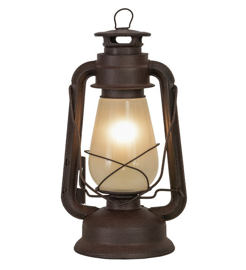Meyda Lighting Miners Lantern 12" Distressed Rust Lantern Table Lamp With Clear Frosted Shade Glass
