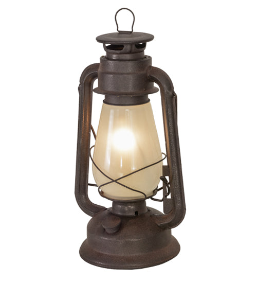 Meyda Lighting Miners Lantern 12" Distressed Rust Lantern Table Lamp With Clear Frosted Shade Glass