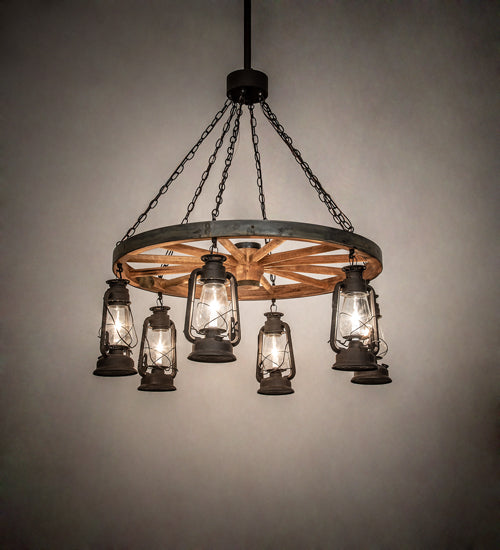 Meyda Lighting Miners Lantern 40" 6-Light Dark Roast Wagon Wheel Chandelier With Clear Shade Glass