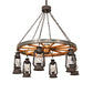 Meyda Lighting Miners Lantern 40" 6-Light Dark Roast Wagon Wheel Chandelier With Clear Shade Glass
