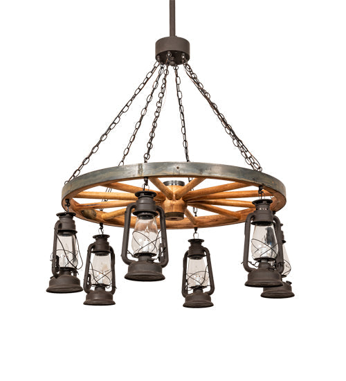Meyda Lighting Miners Lantern 40" 6-Light Dark Roast Wagon Wheel Chandelier With Clear Shade Glass
