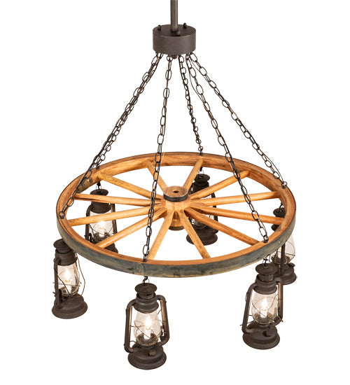 Meyda Lighting Miners Lantern 40" 6-Light Dark Roast Wagon Wheel Chandelier With Clear Shade Glass