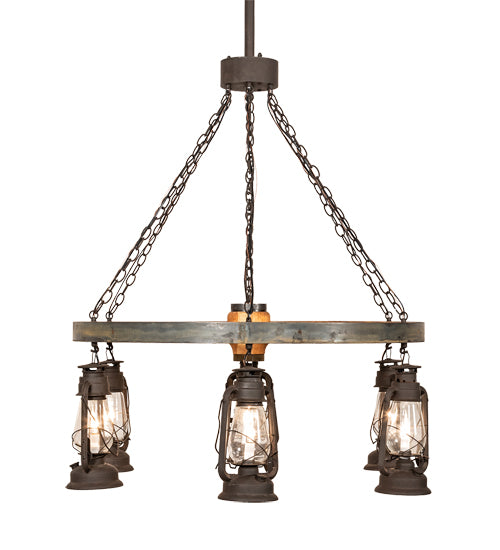 Meyda Lighting Miners Lantern 40" 6-Light Dark Roast Wagon Wheel Chandelier With Clear Shade Glass