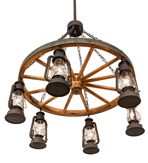 Meyda Lighting Miners Lantern 40" 6-Light Dark Roast Wagon Wheel Chandelier With Clear Shade Glass