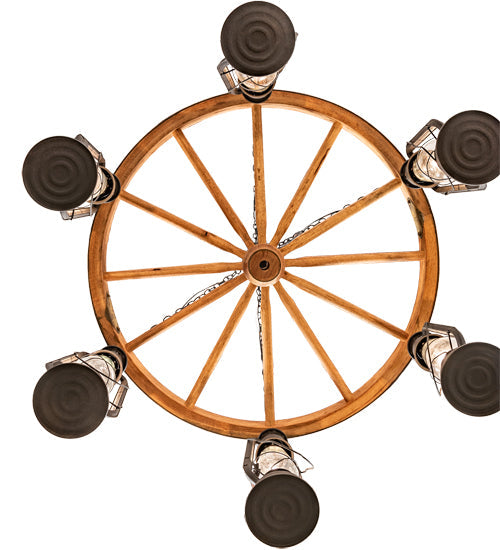 Meyda Lighting Miners Lantern 40" 6-Light Dark Roast Wagon Wheel Chandelier With Clear Shade Glass