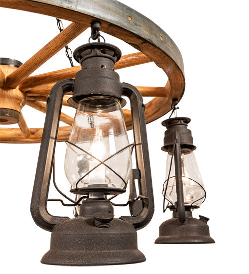 Meyda Lighting Miners Lantern 40" 6-Light Dark Roast Wagon Wheel Chandelier With Clear Shade Glass