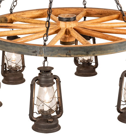 Meyda Lighting Miners Lantern 40" 6-Light Dark Roast Wagon Wheel Chandelier With Clear Shade Glass