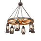 Meyda Lighting Miners Lantern 40" 6-Light Dark Roast Wagon Wheel Chandelier With Clear Shade Glass