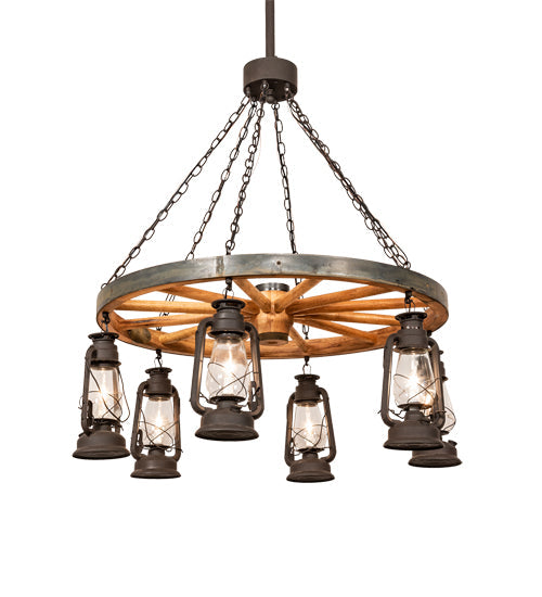 Meyda Lighting Miners Lantern 40" 6-Light Dark Roast Wagon Wheel Chandelier With Clear Shade Glass