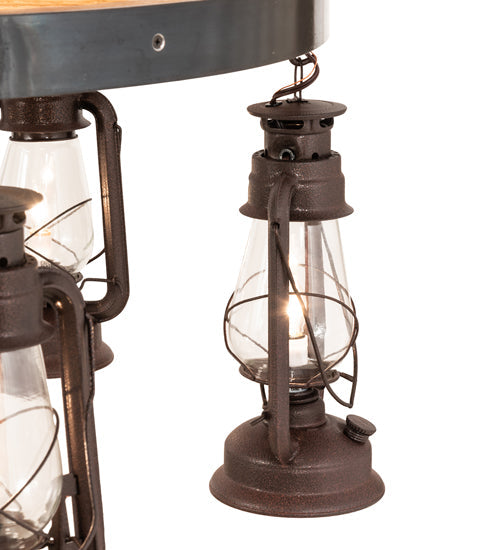 Meyda Lighting Miners Lantern 40" 6-Light Distressed Rust & Natural Wood Wagon Wheel Chandelier With Clear Shade Glass