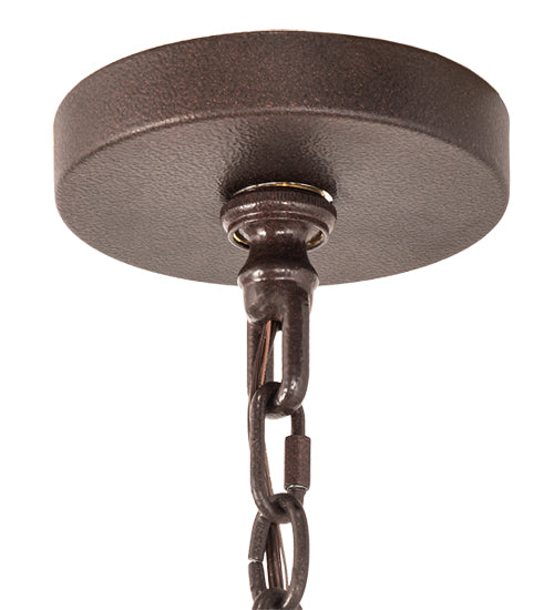 Meyda Lighting Miners Lantern 40" 6-Light Distressed Rust & Natural Wood Wagon Wheel Chandelier With Clear Shade Glass