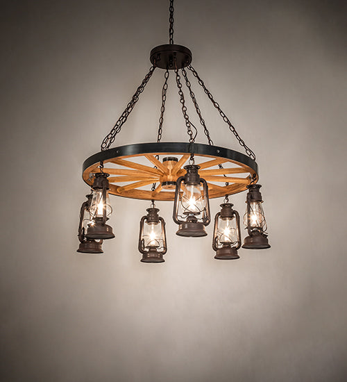 Meyda Lighting Miners Lantern 40" 6-Light Distressed Rust & Natural Wood Wagon Wheel Chandelier With Clear Shade Glass
